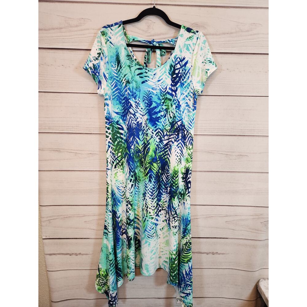 Chico's Women's Multicolor Palm Print Short Sleeve Scoop Neck Midi Dress Size S
